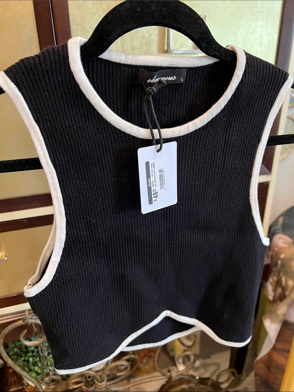 Olivaceous Black Ribbed Tank with Cream Contrast Trim